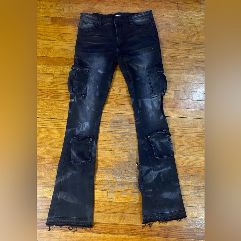 Fashion Nova Mens Skinny Flare Blk Wash Jeans Men's Size 34x34 Denim